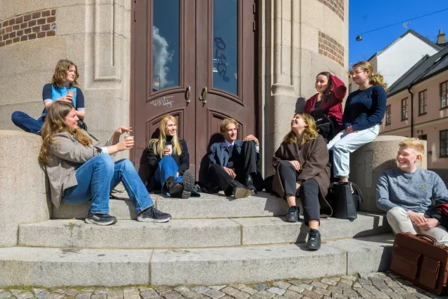 Students sitting on a staircase in the sun. Photo.