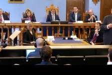 Professor Christian Dahlman together with the prosecutor, defence counsel and panel of judges. Photo.