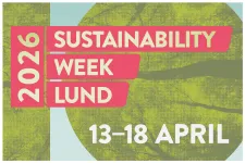 Text that says Sustainability Week Lund, 13-18 April, 2026. Against a background in green, light blue and pink. Illustration.